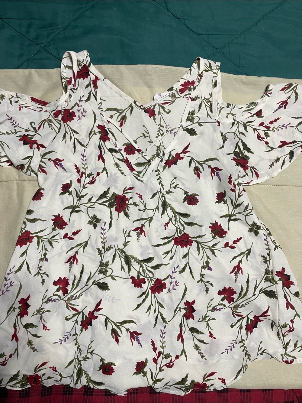 Sienna Sky Cream Blouse with Red Floral Print